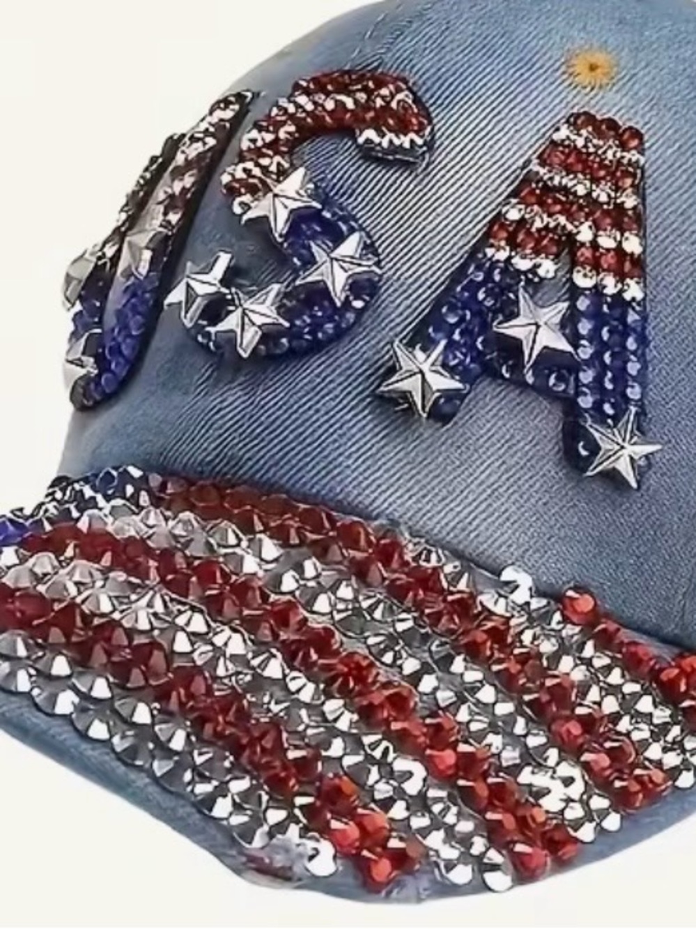 Rhinestone USA Bejeweled Denim Baseball Cap - Red, White & Blue